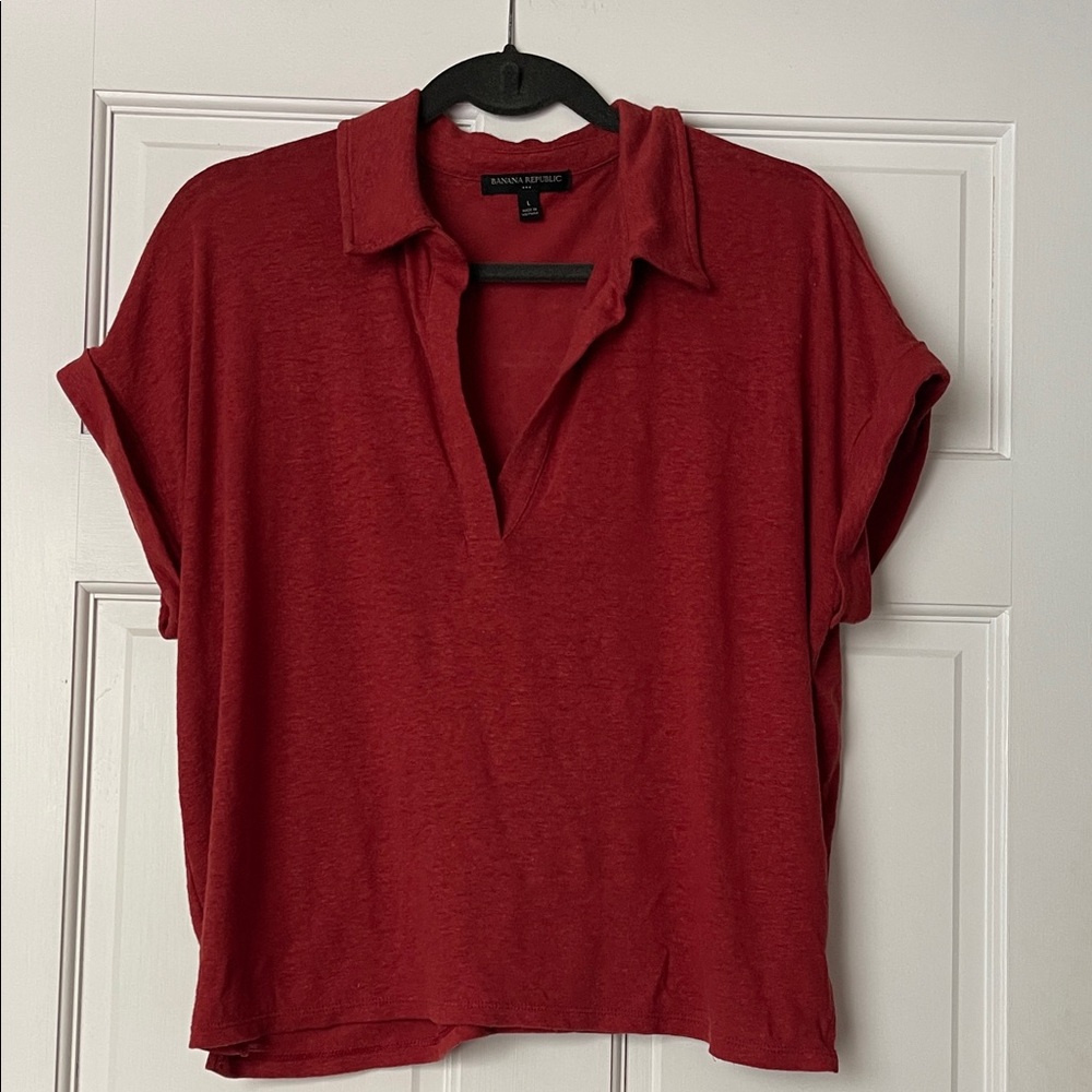 Banana Republic Red Women's Linen Blend Johnny-Collar Polo Top